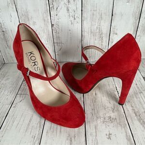 KORS Michael Kors GALLI Crimson Red Suede Designer Maryjane Heels Pumps 9.5 NEW